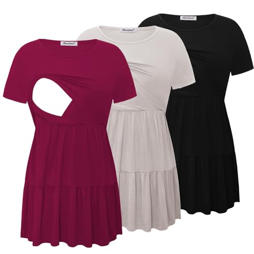Image of Bearsland Women’s Nursing Top 3pack Short Sleeve Scoop Neck Nursing Shirt Breastfeeding Shirts
