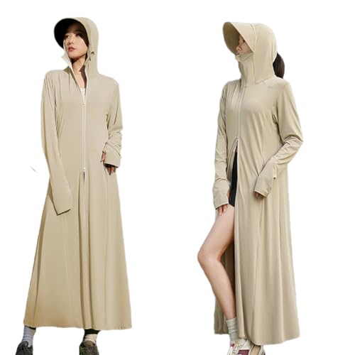 [Vasarhely] ラッシュガード 羽織 ジャケット コート レディース UVカットパーカー ロング 全身カバー 伸縮性 接触冷感 軽量 体型カバー 長袖 日焼け服 帽子付き アウトドア 夏服 大きいサイズ(M カーキ) - Vasarhely - 商品画像