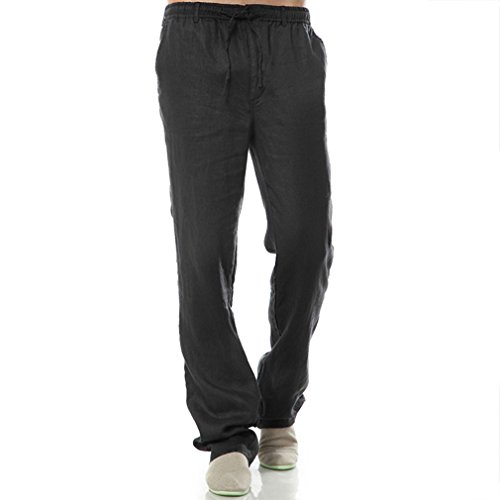 Mens Casual 100% Linen Pants, Loose Fit Drawstring Elastic Waist Lightweight Summer Beach Yoga Trousers