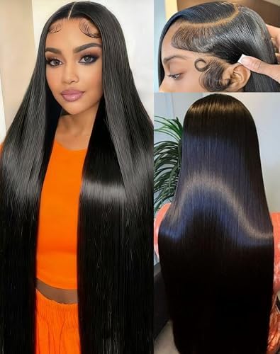 30 Inch Straight Wigs Human Hair 13x6 Real frontal Wig 200 Density HD Transparent Lace Front Wigs Human Hair Pre Plucked Can Last 6-9 Months Tangle-Free Natural Black for Women