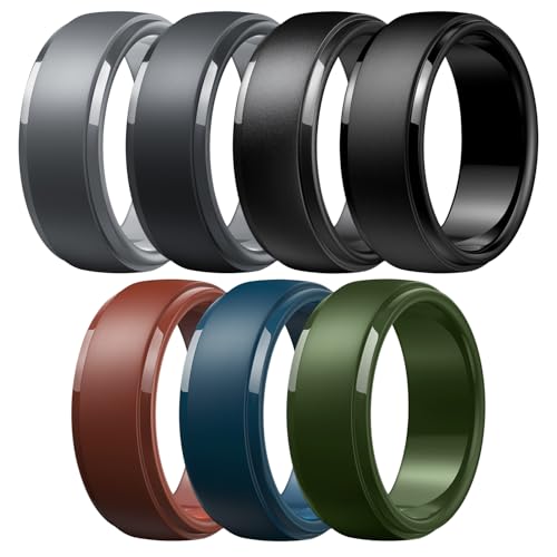Image of Egnaro Men's Silicone Wedding Rings: Classic Black Step Edge Rubber band 10mm Wide 2.5mm Thick- Hypoallergenic for Gym /Outdoor /Gift(1 /4 /7 Variety Pack with Half Size)