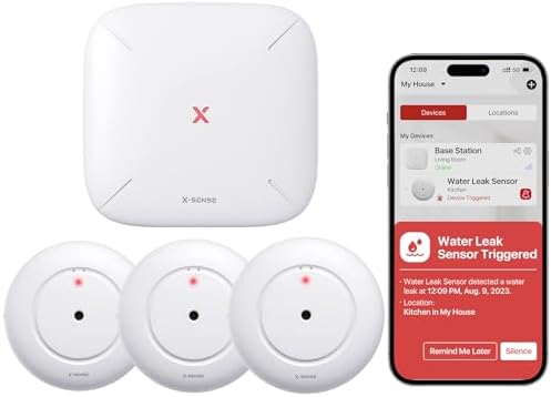 X-Sense Detector de Fugas de Agua Wi-Fi, Alarma Inteligente con Sensor de Agua, Ideal para Cocinas, Sótanos y Baños, 3 Detectores de Agua + 1 Estación...