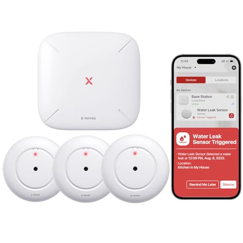X-Sense Wi-Fi Water Leak Detector, Smart Alarm with Water Sensor, Ideal for Kitchens, Basements and Bathrooms, 3 Water Detectors + 1 Base Station Incl...