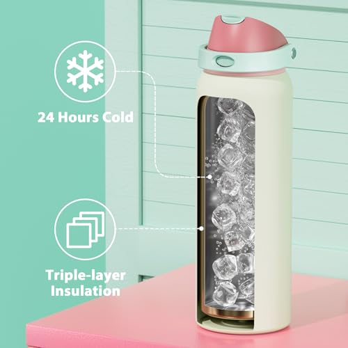 Image of 40 oz Insulated Water Bottle with Straw: Meoky Stainless Steel Metal Water Bottle with 2-in-1 Lid - Leak Proof, Cold for 24 Hours, Protective Silicone Base, BPA-Free for Sports Gym, Cream