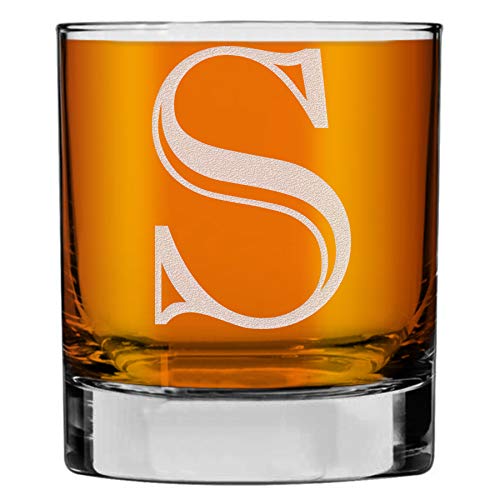 Etched Monogram 11Oz Whiskey Rocks Glass (Letter S), A-Z Customized Bourbon Gifts For Men, Personalized Old Fashioned Scotch Glass, Custom Engraved Gifts For Him, Initial, Name, Regalos Personalizados #TOP16