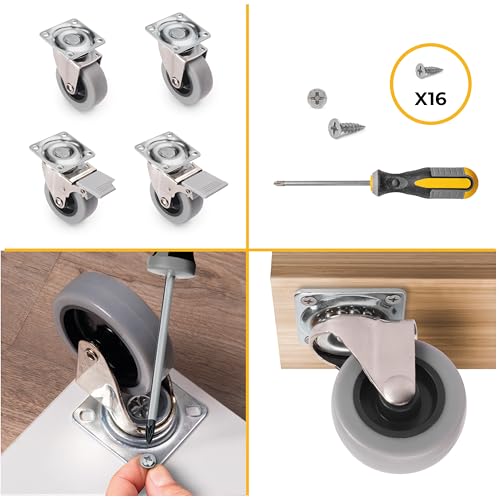 Foto von Emuca - Set aus 4 Lenkrollen für Möbel Ø50mm, 2 mit Bremse und 2 ohne Bremse, mit Anschraubplatte und Kugellager, grau Farbe