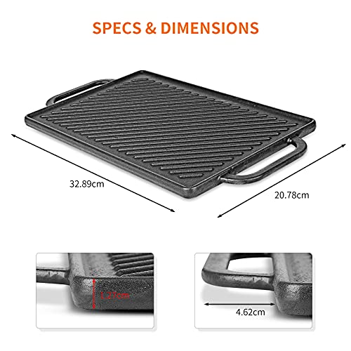 GFTIME Gusseisen Grillplatten 33 x 21cm für Ofen, Herd & Grill, Holzkhlegrill Gusseiserne Wende-Grillplatten, Gussgrillplatte, Kochgrill & Grillpfan 2 in 1 Reversible Griddle Grill,1 Packung