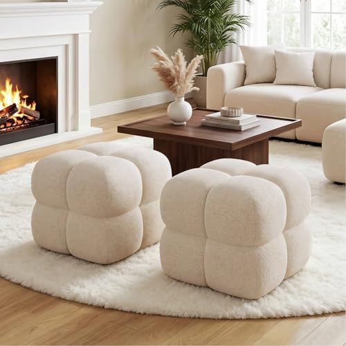Zesthouse Square Pouf Ottomans Set of 2, Modern Backless Vanity Chair for Bedroom, Beige Linen Foot Rest for Couch, Upholstered Tufted Footstool, Poofy Fabric Ottoman Coffee Table for Living Room
