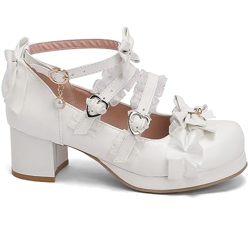 LUXMAX Women Cute Kawaii Shoes Lolita Mary Janes Chunky Heel Ankle Strap Pumps with Bow Buckle Sweet Pumps2