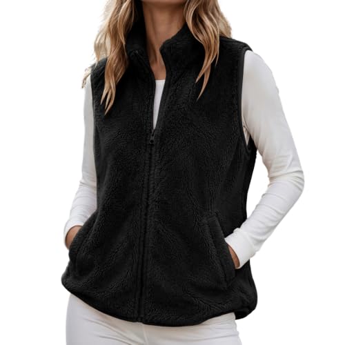Womens Fleece Vest Zip Front Stand Collar Pockets Casual Fall Layering Top - image 1