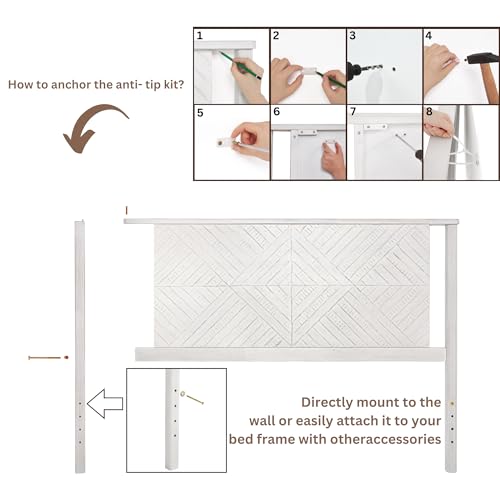 Image of Bme Ethan Diamond Queen Headboard ONLY, Rustic and Scandinavian Style, Solid Acacia Wood, Easy Assembly, Queen Size Headboard Option Available, Classic Design for Bedrooms, Rustic White