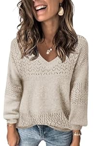 Fisoew Damen V-Ausschnitt Strickpullover Langarm Gerippte Pullover Leicht Häkelpullover Casual Sweater, Beige, S