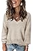 Fisoew Damen V-Ausschnitt Strickpullover Langarm Gerippte Pullover Leicht Häkelpullover Casual Sweater,Beige,S
