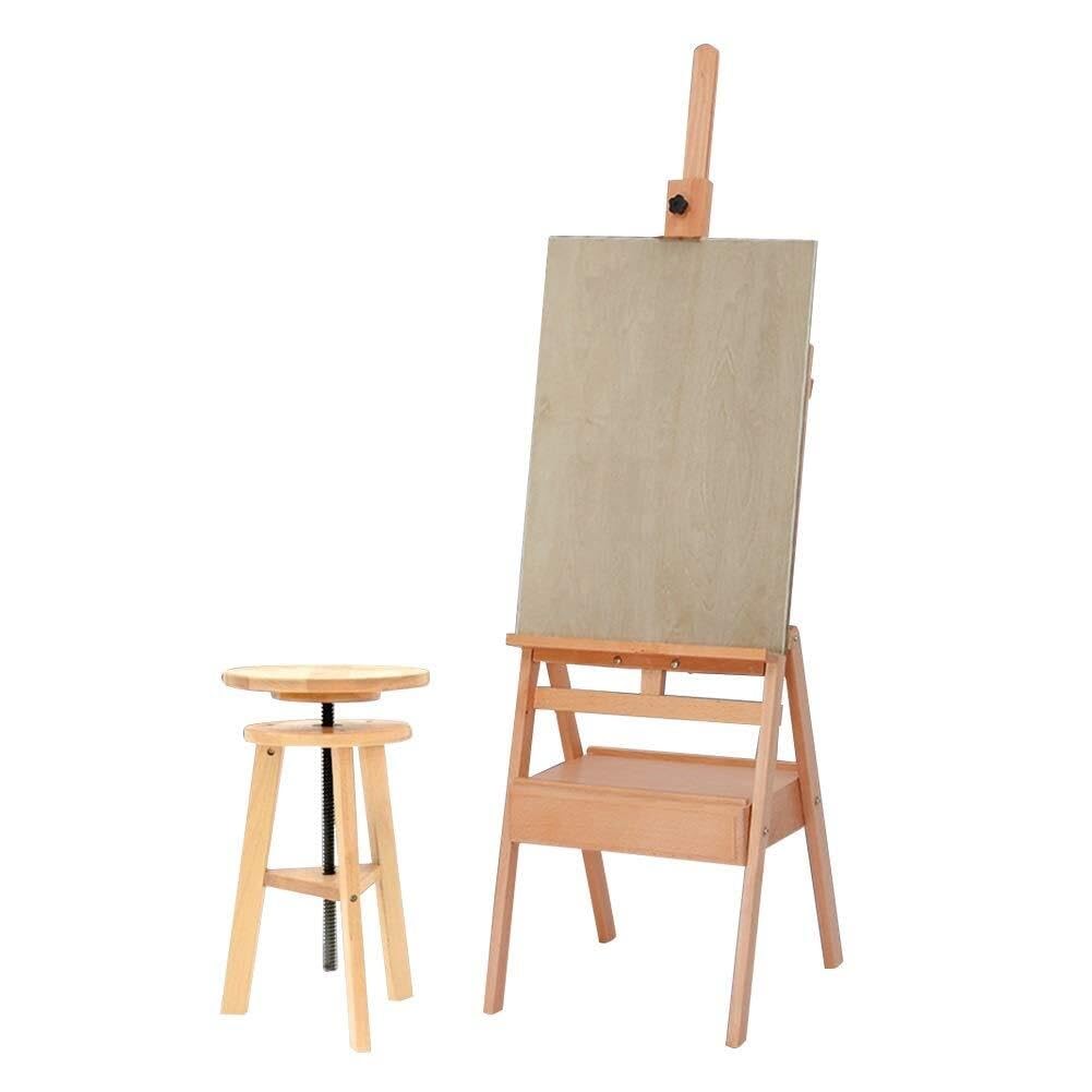 ASerZenith Wooden Easel With Storage Box & Shelf – Adjustable Artist Stand For Painting, Sketching & Atelier Use – Windproof & Durable,Beech Color-Easel+Stool