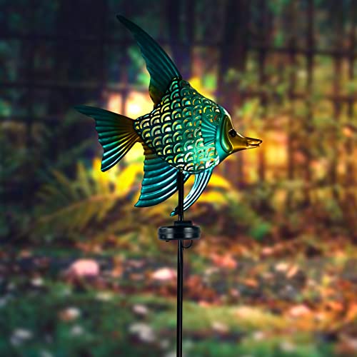 Hongland Solar Lights Outdoor Waterproof - Nautical Outdoor Decor - Angelfish Hollowed-Out Metal Stake Garden Decoration For Patio, Yard, Pathway, Landscape | Warm Led Lights, Unique Holiday Gifts #TOP7