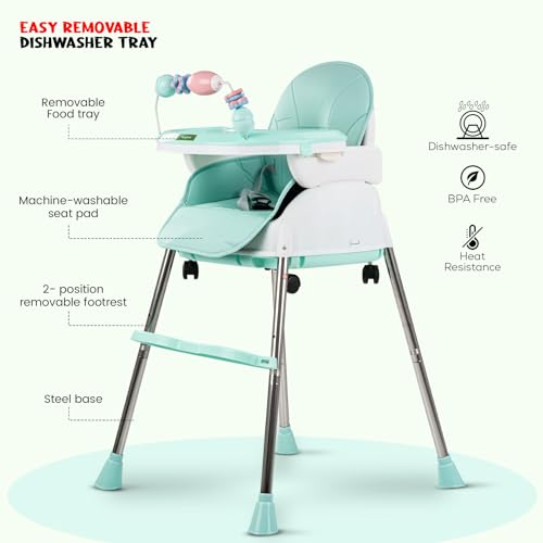 Image of BAYBEE 4 in 1 Convertible High Chair with Adjustable Height and Footrest,Baby Toddler Feeding Booster Seat with Tray,Wheels,Safety Belt and Cushion,for Boys & Girls 6 Months to 3 Yrs (Nora Green)