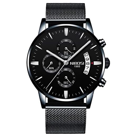 Relógio Nibosi Masculino 2309 Preto Aço Inoxidável Pulseira Mesh Cronógrafo Ponteiros Pequenos Funcionais Estojo Original Garantia