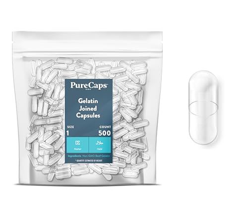 PureCaps USA - Empty Gelatin Capsules Size 1| 500 Joined Pills| Clear| Non-GMO Certified | SLS, Gluten, Preservative Free