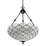 Amora Vintage Tiffany Style Ceiling Lamp - 18” x 9” White Jeweled Stained Glass Chandelier Lighting - Antique Dining Room Light Fixtures Ceiling