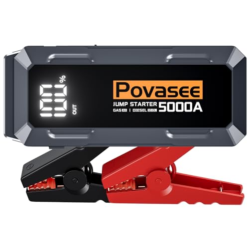 Povasee Car Battery Jump Starter 5000A Jump Box (All Gas/10L Diesel) Portable Car Jump Starter Battery Pack, 12V Jumper Starter Portable 3" LCD Display/Dual Output/LED Light DC