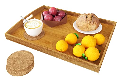 BAMEOS Serving Tray with Handle Bamboo Bed Tray with Two Coasters Food Couch Tray Works for Eating,Working,Storing,Décor, Used in Bedroom, Kitchen, Living Room, Bathroom, (16.9x12.99x1.96inches)