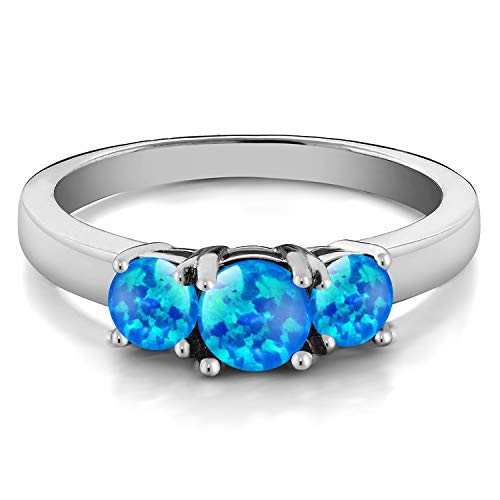 Gem Stone King 925 Sterling Silver Blue Simulated Opal 3-Stone Engagement Ring For Women (1.00 Cttw, Round Cabochon, Available in size 5, 6, 7, 8, 9)3
