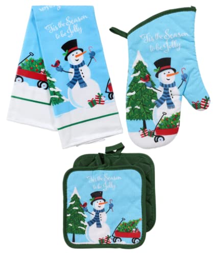 RAPL Tis The Season to Be Jolly Kitchen Blue Green and White Linen MEGA Bundle (1) Oven Mitt (2) Pot Holders (2) Microfiber Towels