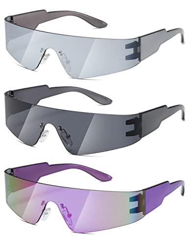 MASDUN Trendy Rimless Futuristic Wrap Around Sunglasses Women Men,Cyberpunk Visor Sunglasses Shades Fashion Eyeglasses (Black/Silver/Purple)