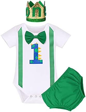 FYMNSI Infant Baby Boy 1st First Birthday Cake Smash Outfit Bow Tie Shorts Sleeve Romper Babygrow Shorts Pants Prince Crown Headband 3pcs Summer Casual Party Clothes Set Photo Props