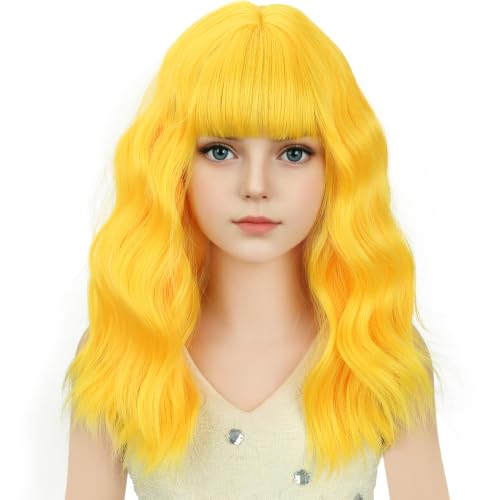 Image of Deep Yellow Wig short Yellow Wavy Curly Wigs Wig with Air Bangs Synthetic Cosplay Hair Wigs