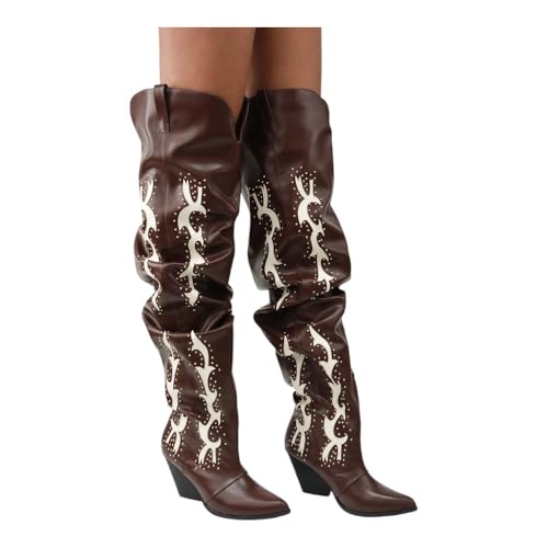 LEMONADE Women Over the Knee Thigh High Cowboy Boots, Chunky Block Heel Studded Slouch Cowgirl Western Boots2
