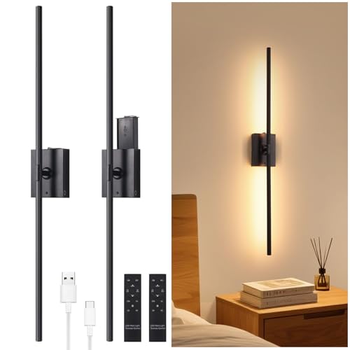 Image of Shenmoyl Battery Operated Wall Sconce Set of 2, 10000mAh Rechargeable Wall Sconces with Detachable Battery, Indoor 350Rotate Wall Lights for Bedroom Living Room, Black, 31.5 Inch