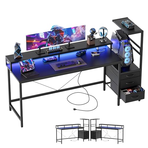 Image of Mericonia 60 inch Gaming Desk with Drawers, Reversible Computer Desk, Black | Gamer Desk with LED Lights, Power Outlets & Monitor Stand, Large Office Table for Home Bedroom Study Work Writing