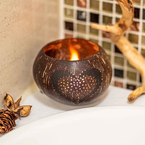 Rainforest Bowls Set Of 2 Love Coconut Tea Light Candle Holders- Ideal For Hosting Parties, Dining, Wedding Favors, Relaxing, Gifting, Decor- Handcarved By Artisans, Eco-Friendly & Sustainable #TOP2