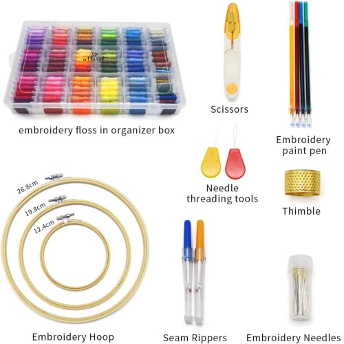 ATTERET Full Range Embroidery and Cross Stitch Starter Kit with Premium Storage Organizer Bag, Includes 99 DMC Coded Cotton Threads, 9 Metallic Floss, 3 Hoops, Needles, Scissors + More (Turquoise)