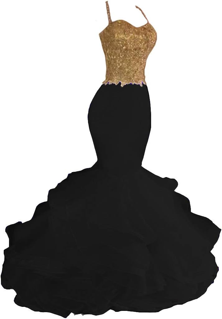 Aiyi Women's Mermaid Gold Lace Spaghetti Strap Organza Prom Dress