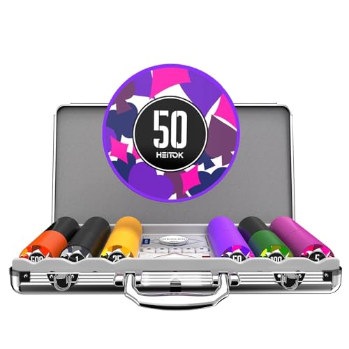 HEITOK Set Poker 300 Fiches 11,5g Pesanti Numerati, Valigetta Alluminio Rinforzata, Button Dealer in Metallo, 2 Mazzi Carte, Kit Completo Texas Holdem per Serate Casinò e Adulti
