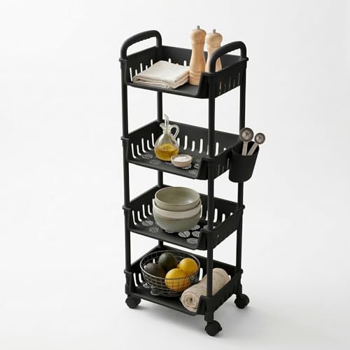 Image of Lukzer 4-Tier Plastic Rolling Storage Cart with Wheels | Multipurpose Utility Trolley Organizer with Basket Shelves & Side Holder & Hooks for Kitchen, Bathroom, Laundry & Office (Black /26x34x103 cm)