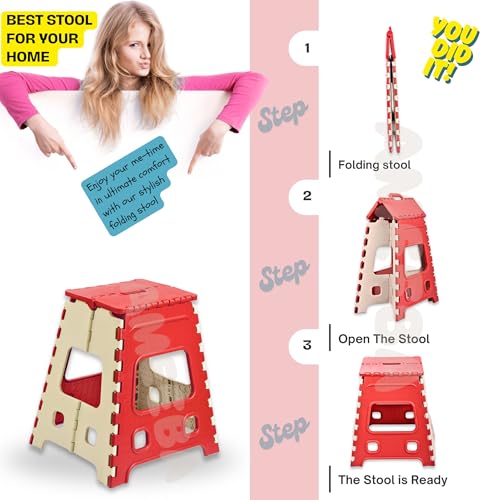 Image of AMEEBA 18 Inch Super Strong Folding Step Stool to Support Adults and Safe Enough for Kids. Opens Easy with One Flip, Great for Kitchen, Bathroom, Bedroom, Kids or Adults (RED)