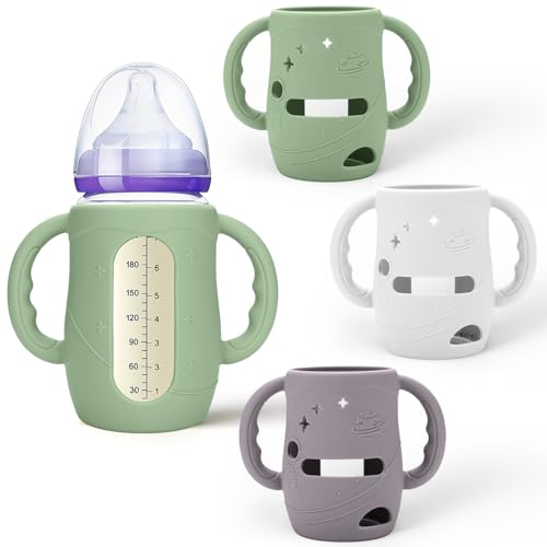 Mity rain3 Pack Silicone Sleeves with Lansinoh Bottle Handles for Lansinoh NaturalWave 8 oz Wide Baby Bottles - Anti-Breakage Protector & Anti-Colic Bottle Holder(Other Products Cannot be adapted