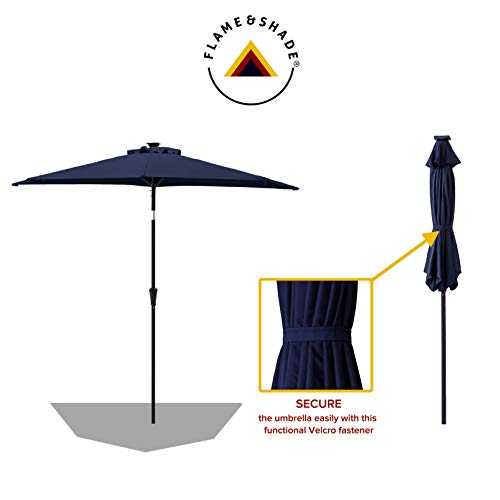 Flame&Shade 9 Ft Half Round Solar Powered Outdoor Market Patio Table Umbrella For Wall Balcony With Led Lights And Tilt, Navy Blue #TOP2