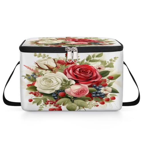 GzLeyigou Botanical Floral Lunch Bags for Women Men 9 Cans, Hot & Cold Food Delivery Bag Insulated Grocery Bag Insulated Lunch Box Roses Red White Cooler Bag for Office Work Picnic Beach