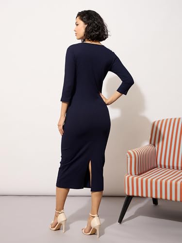 Image of barcino Black Rib Deep V-Neck Ankle Midi Dress