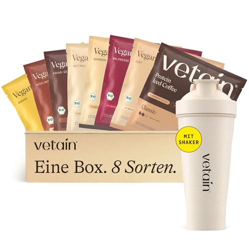 VETAIN BIO Vegan Protein Probierpaket + Shaker - 23g Eiweiß - 8 x 30g - Fermentiertes Protein aus 5 pflanzlichen Quellen - Ohne Allergene & Sucralose - laborgeprüft & produziert in Deutschland