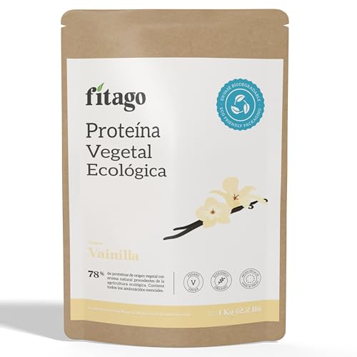 Fitago Proteína vegetal ecológica 78% - 1kg Vainilla | Proteína vegana en polvo BIO | 100% natural, sin aditivos ni edulcorantes o saborizantes artificiales | Completa de guisante, arroz y cáñamo