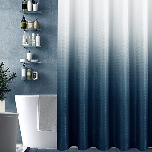 Navy Blue Shower Curtain With Liner Set Ombre Navy Blue And White Waffle Fabric Elegant Modern Heavy Duty Double Layers Hotel Style Decor Blue Shower Curtains For Bathroom, 72X72 #TOP5