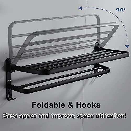 Image of Plantex Space Aluminium Folding Towel Rack with Fix Towel Rod /Bathroom Towel Hanger for Wall /Towel Hanger with Hook /(24 Inch, Black) - Pack of 1