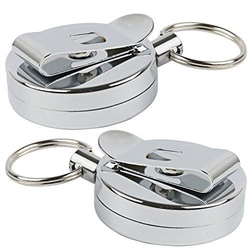 Preisvergleich Produktbild MHOYI einziehbare Schlüsselrolle, Schlüsselanhänger, Metall, Edelstahl, Diebstahlschutz, Sicherheits-, strapazierfähig, einziehbarer Schlüsselanhänger mit Gürtelclip (silberfarben, 2 Stück)
