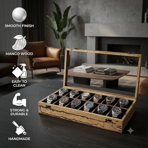 Image of Wooden Watch Box Organizer for Men - 12 Slot Watch Display Case with Glass Lid, Rustic Live Edge Wood Storage Box, Locking Clasp, Includes Key - Holds Watches, Bracelets & Jewelry