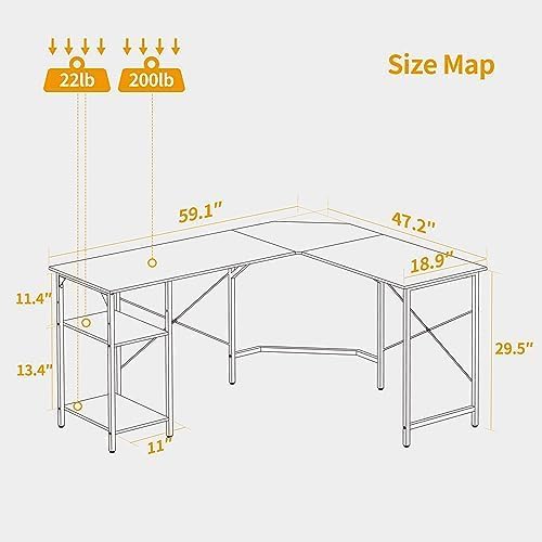 Size map diagram showing dimensions and weight limits of the L-shaped desk